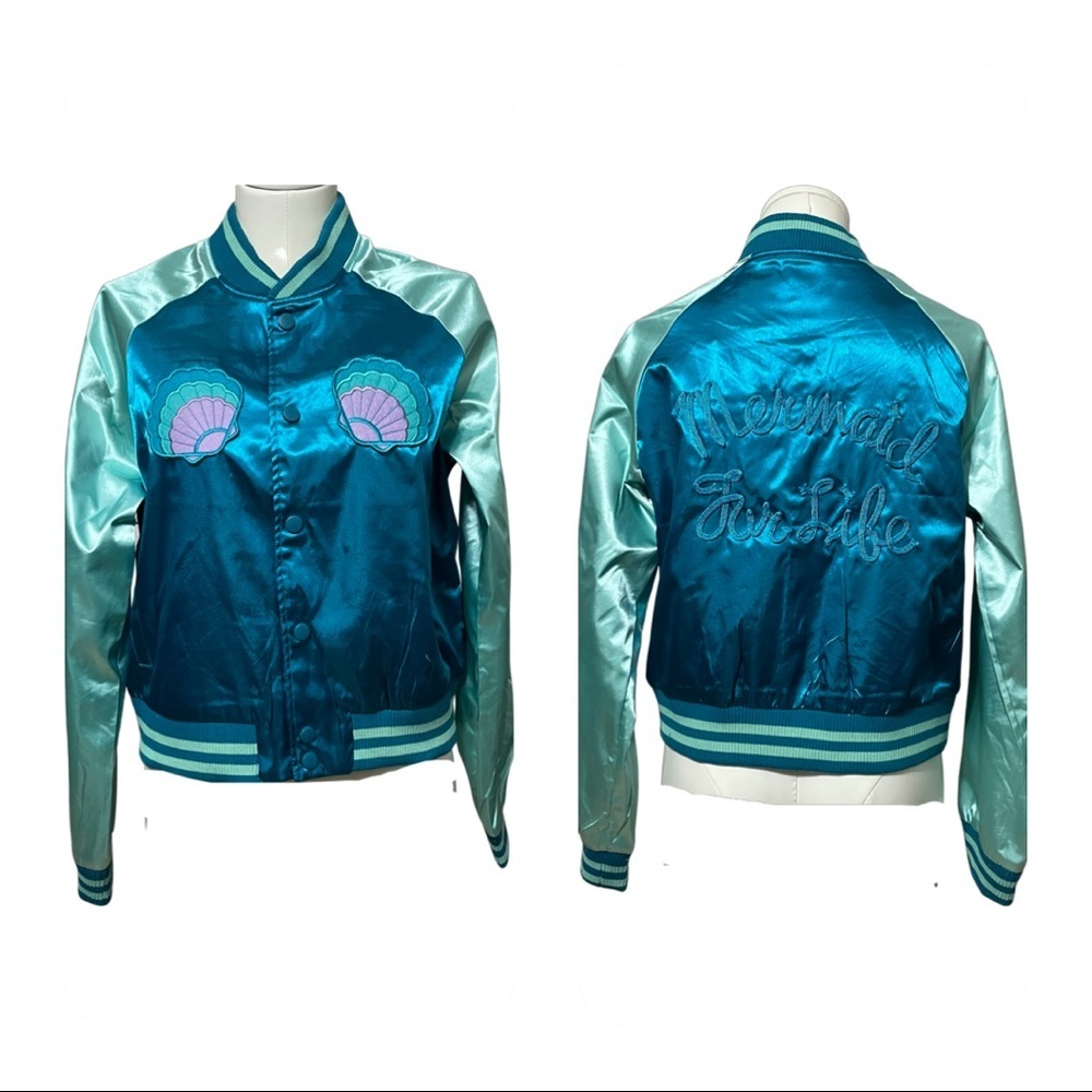 IRON FIST Mermaid For Life teal & aqua embroidered satin bomber jacket N…
